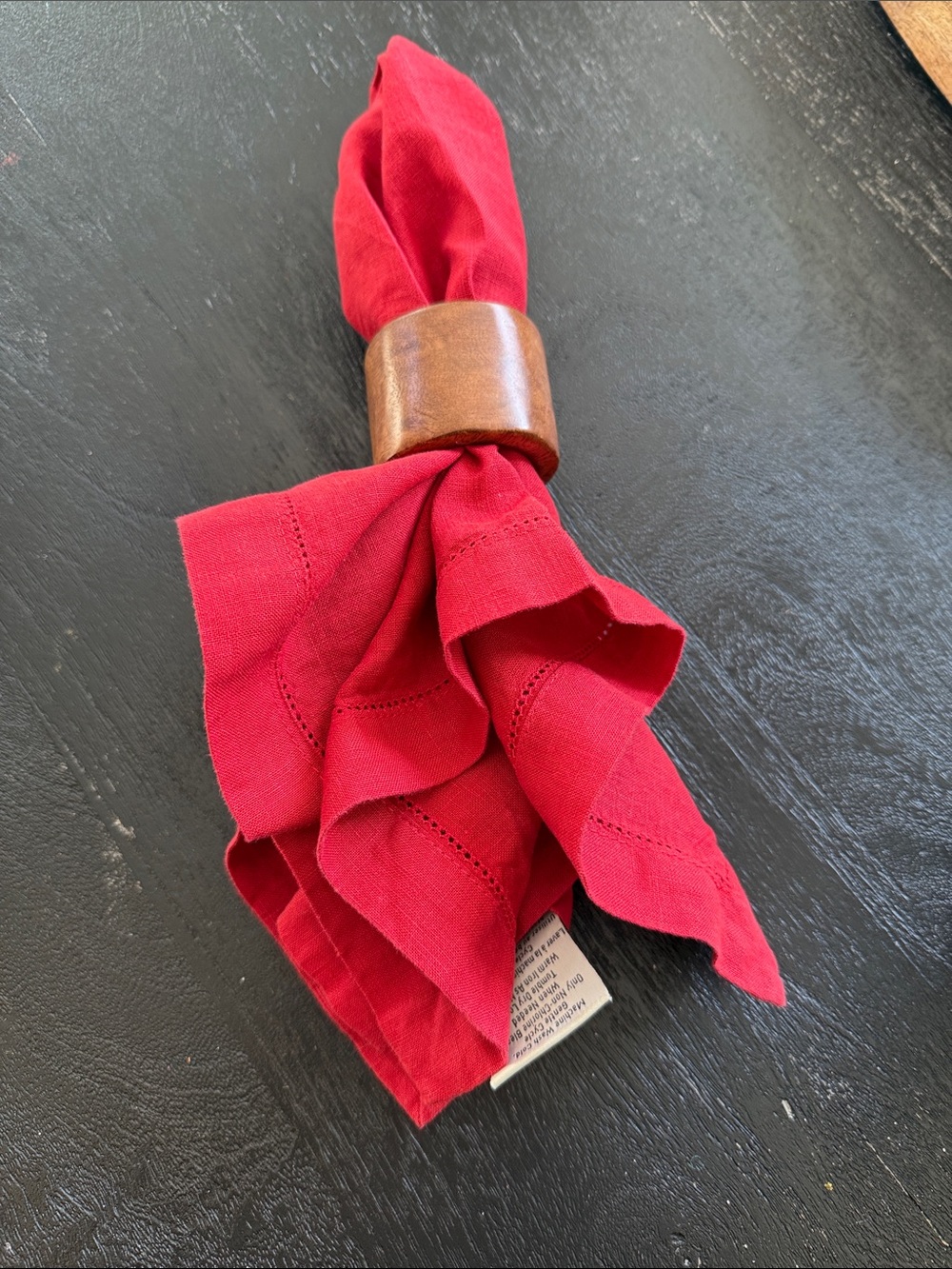 Set of 12 Red Linen Napkin with Wooden Ring